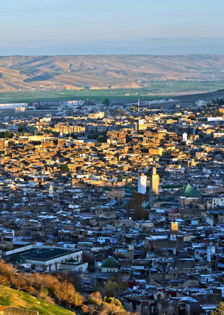 Panoramic view of the historic city of Fes with its medina rooftops and surrounding hills, perfect for those on Morocco imperial cities tours
